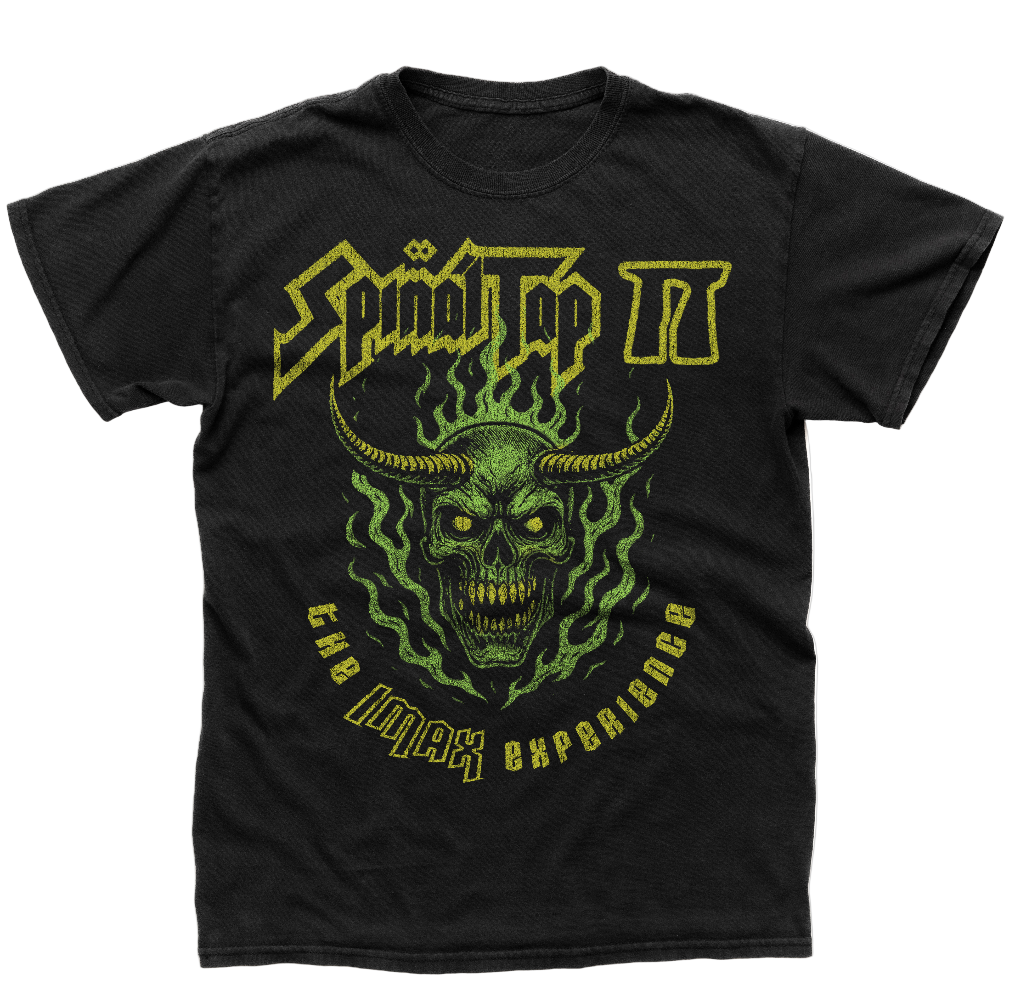 The front of a black t-shirt depicting a horned skull graphic against lime green flames, with yellow text that reads Spinal Tap II The IMAX Experience.