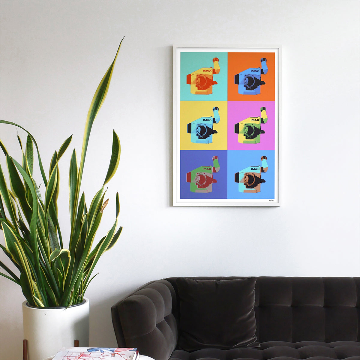A framed multicolored poster hanging on the wall, depicting several IMAX film cameras arranged in various colored boxes.
