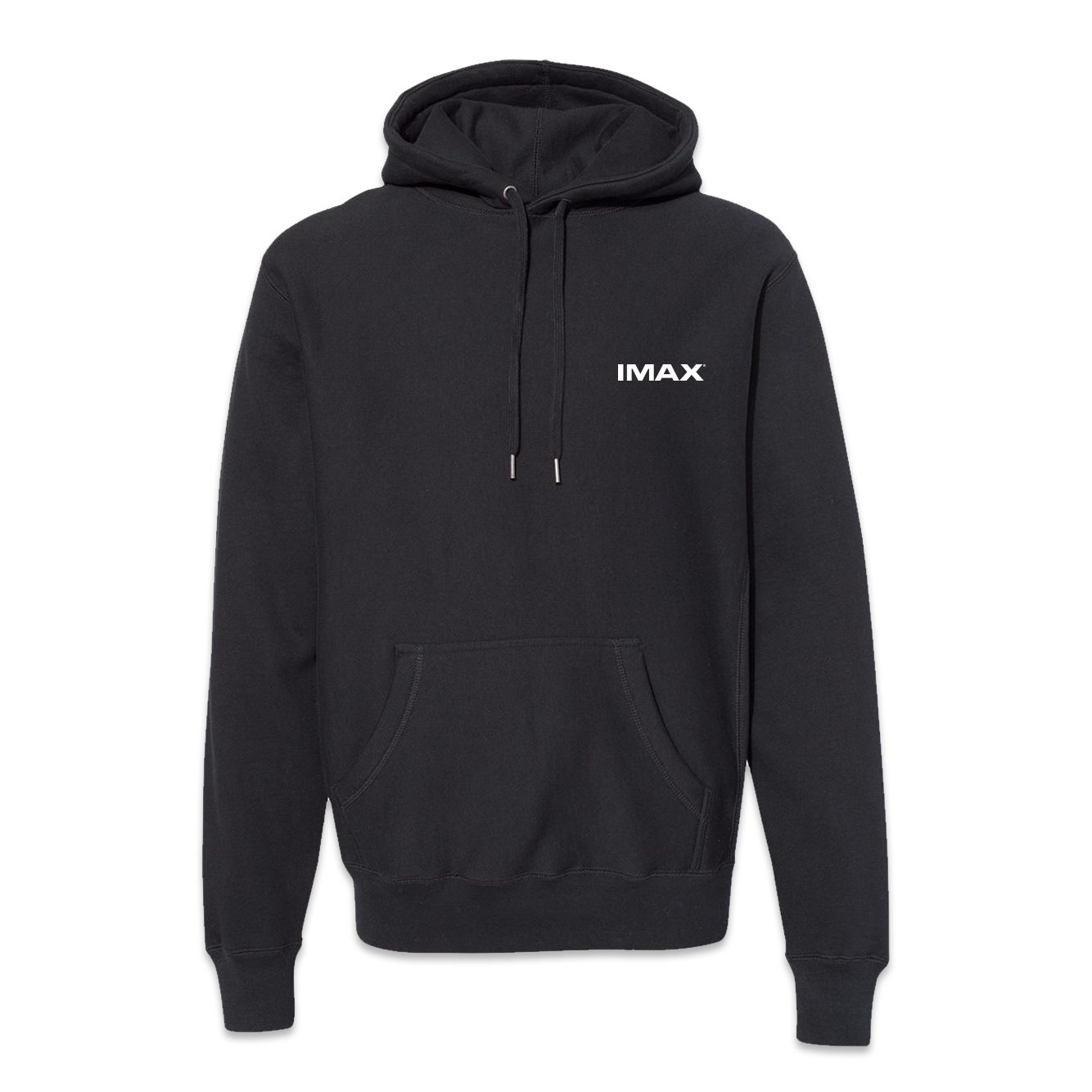 The front of a black pullover hoodie featuring a white IMAX logo.