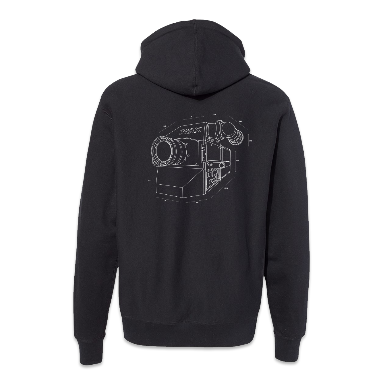 The back of a black pullover hoodie featuring an IMAX film camera line art in white.