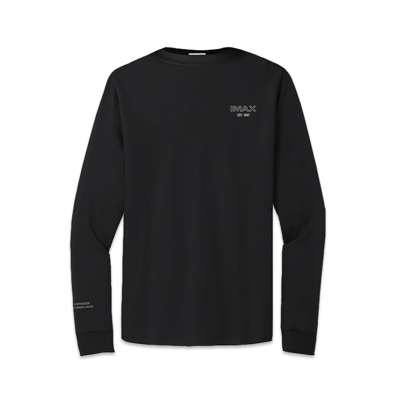 The front of a black long-sleeved t-shirt with the retro IMAX logo and est. 1967 written in white on the front and “IMAX Systems Corporation Oakville, Ontario Canada L6H2R2” written on the sleeve