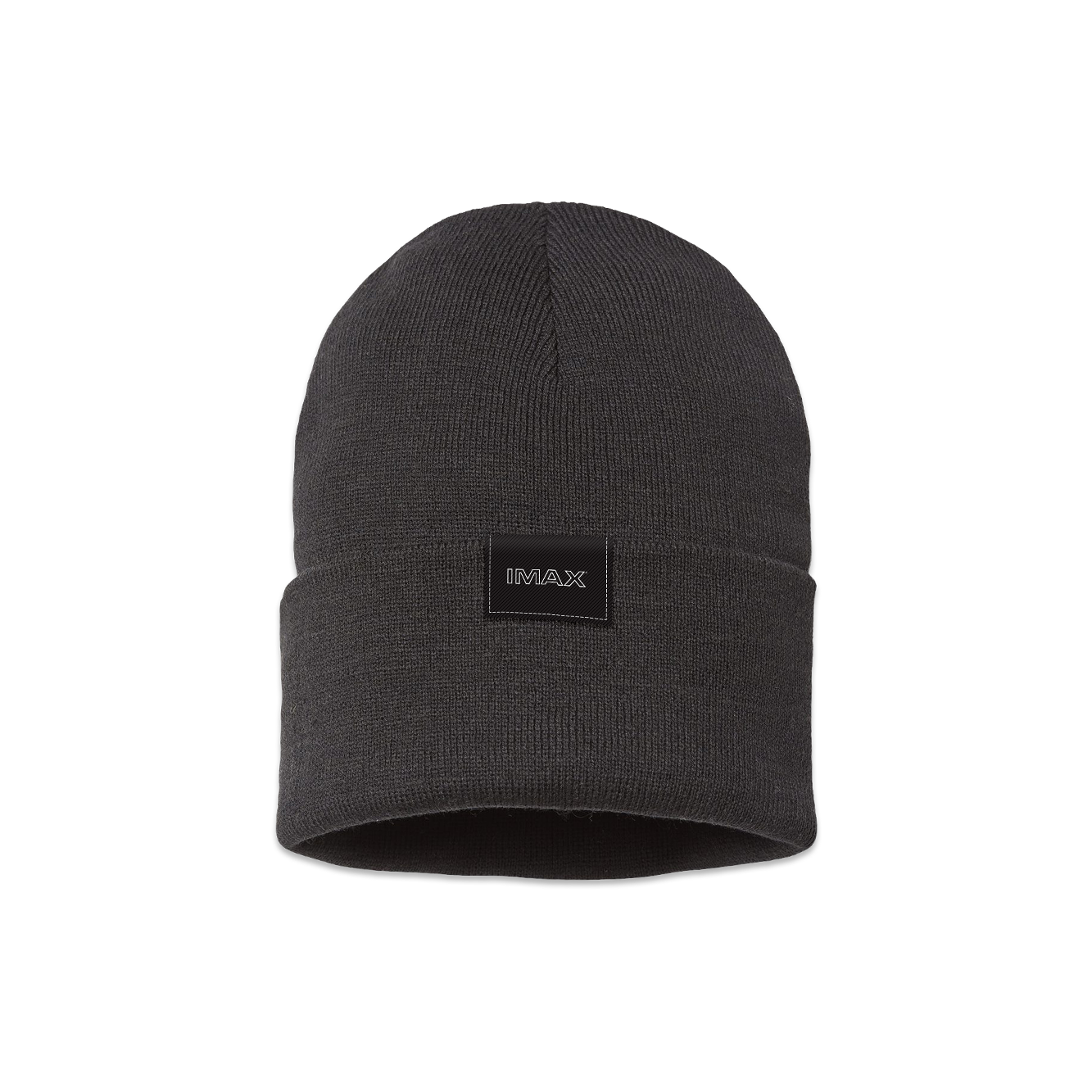 A cuffed black beanie with a retro IMAX logo stitched onto the fabric.