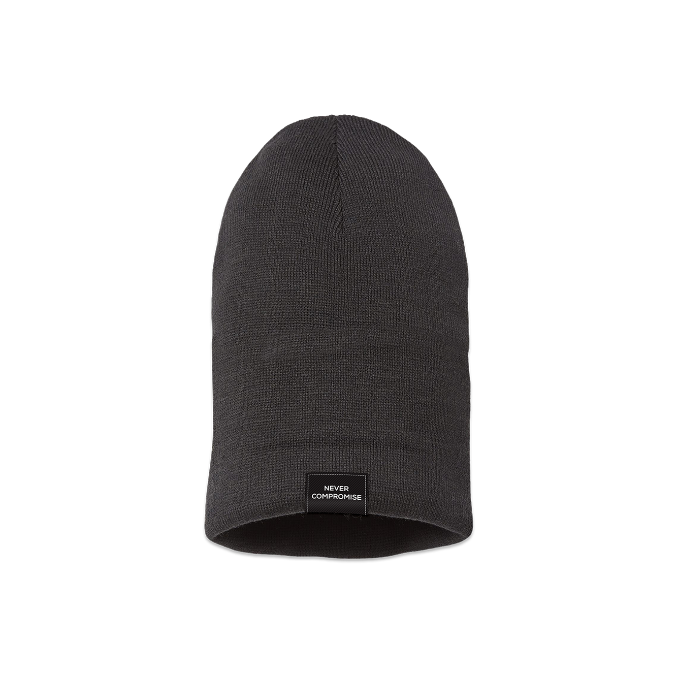 A black beanie fully unrolled, with "Never Compromise" stitched onto the fabric inside.
