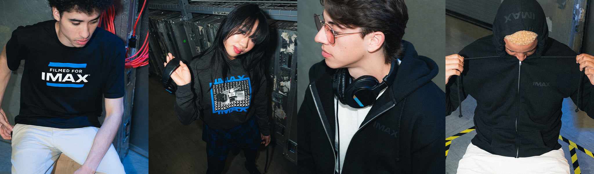 A collage banner featuring three men and one woman posing in various ways, all wearing IMAX-branded products, including a Filmed For IMAX-themed T-shirt and crewneck sweatshirt, and a black IMAX-branded hoodie. 