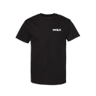 A black short-sleeve crewneck t-shirt with a small white 'IMAX' logo printed on the left chest, displayed against a solid white background.