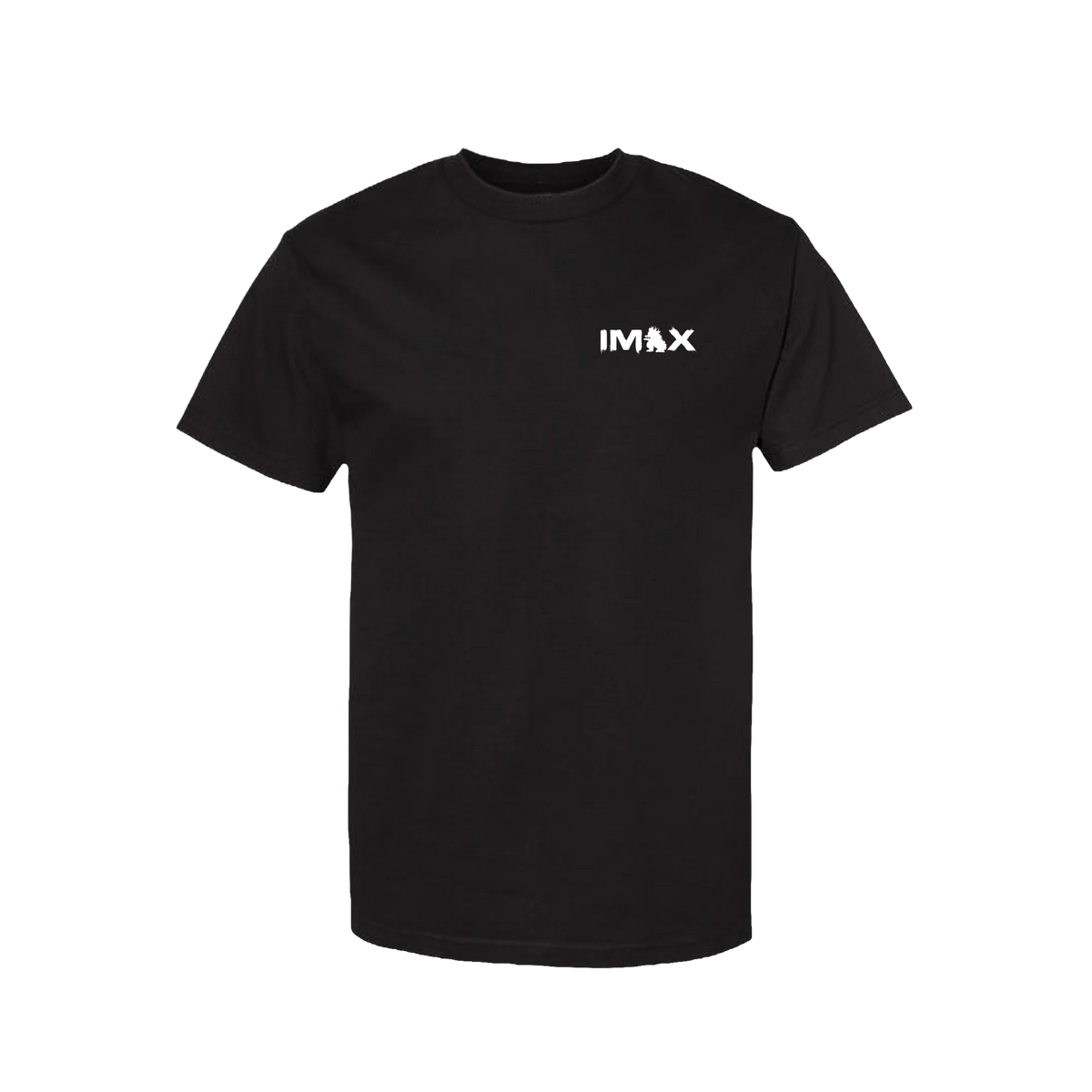 A black short-sleeve crewneck t-shirt with a small white 'IMAX' logo printed on the left chest, displayed against a solid white background.