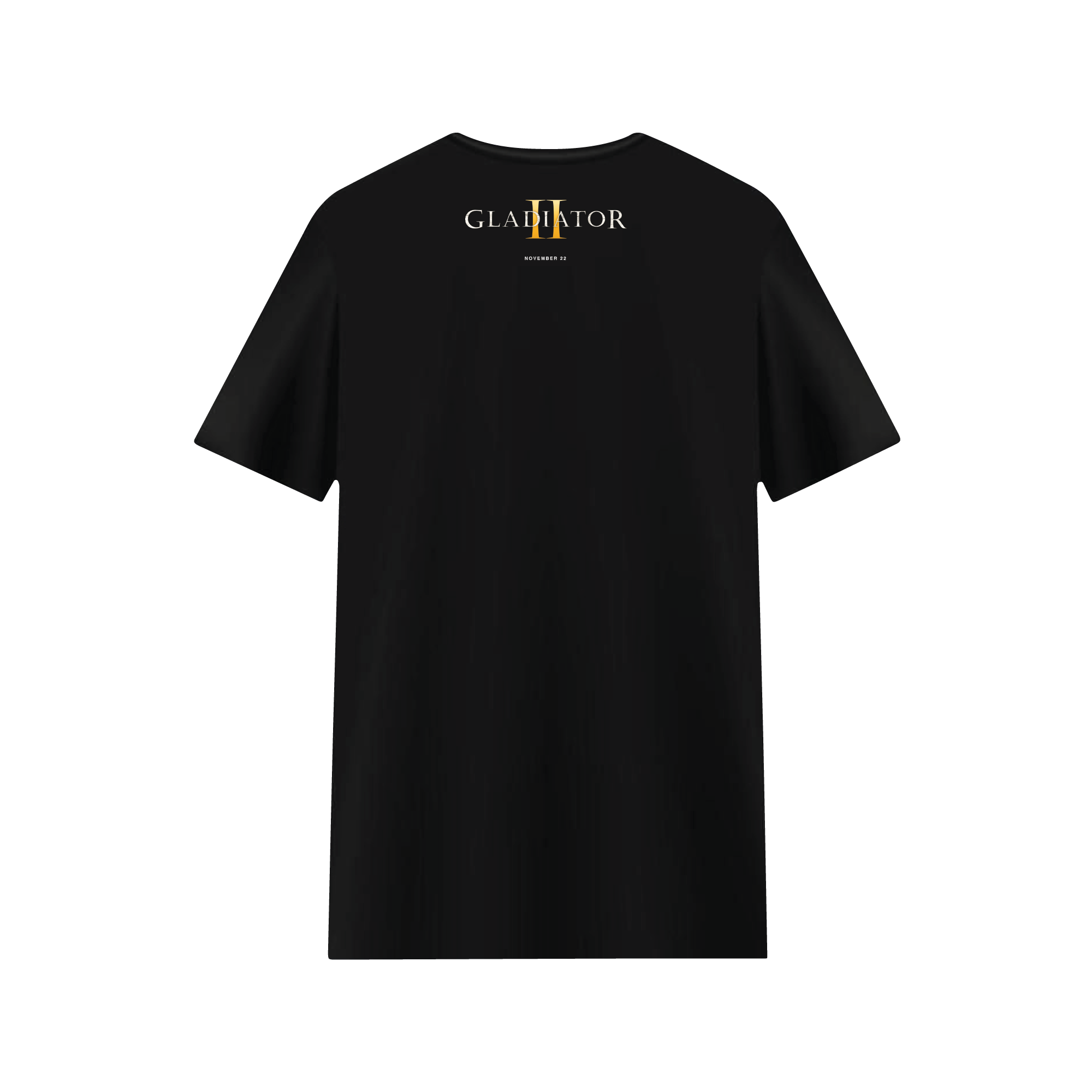 The back of a black t-shirt with the Gladiator II film title treatment. 