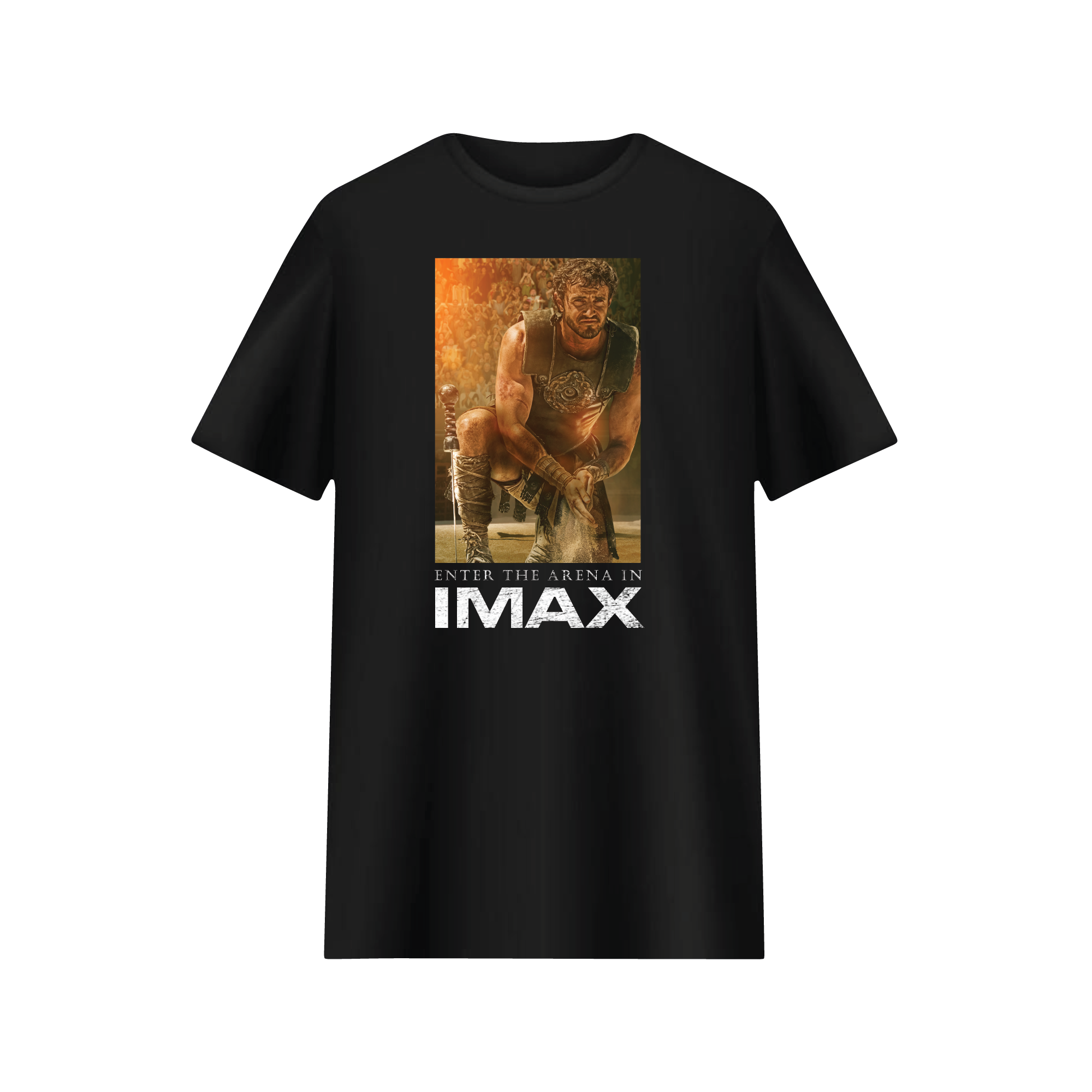 The front of black T-shirt featuring a scene from the movie Gladiator II, featuring the character Lucius with "Enter the Arena in IMAX" printed underneath.