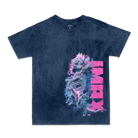 The front of a T-shirt featuring King Kong roaring, with a dark blue and purple theme, inspired by the movie Godzilla x Kong: The New Empire.