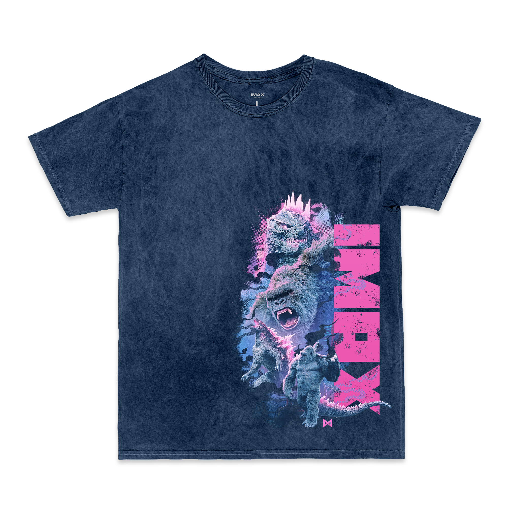 The front of a T-shirt featuring King Kong roaring, with a dark blue and purple theme, inspired by the movie Godzilla x Kong: The New Empire.