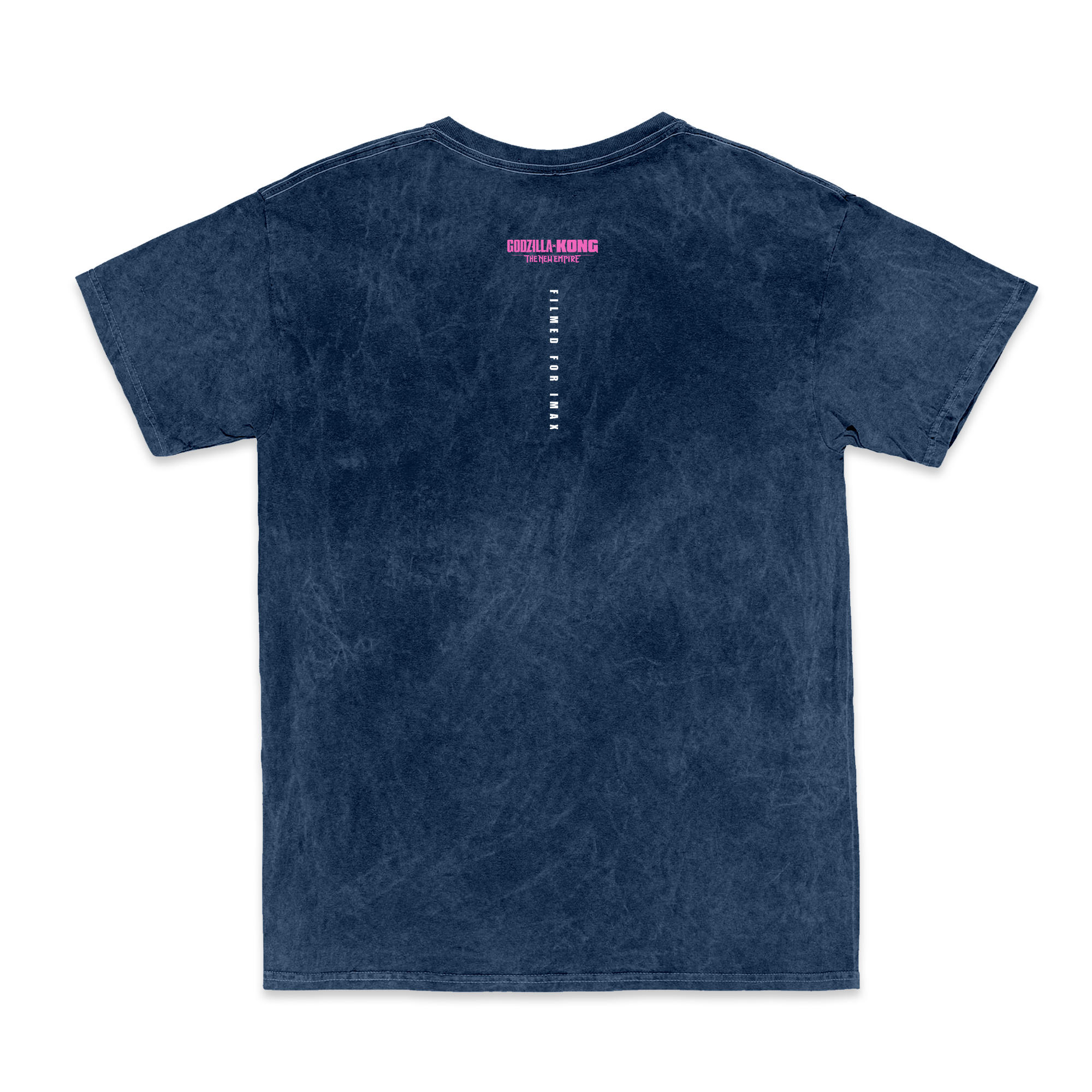 The back of a dark blue shirt featuring the Godzilla x Kong: The New Empire title treatment and Filmed For IMAX written vertically in white.