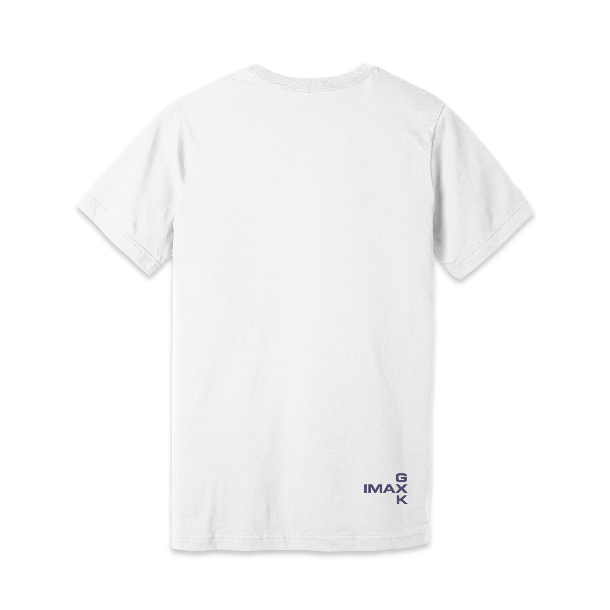 The back of a white T-shirt featuring the words GxK and IMAX in small purple letters.