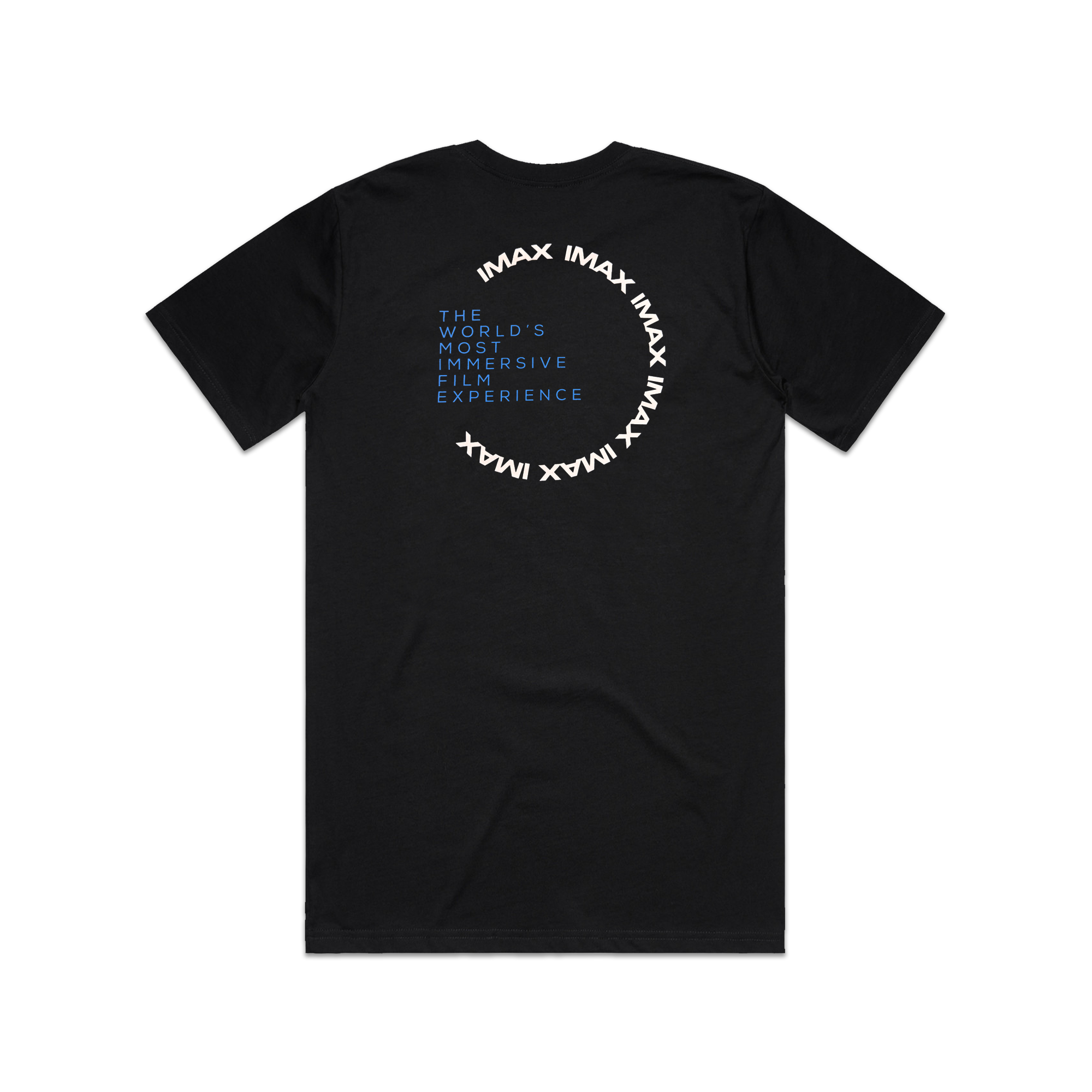 Black short-sleeve T-shirt with “The World’s Most Immersive Experience” in blue on the front left chest, next to a circular design of six white IMAX logos forming an open ring.