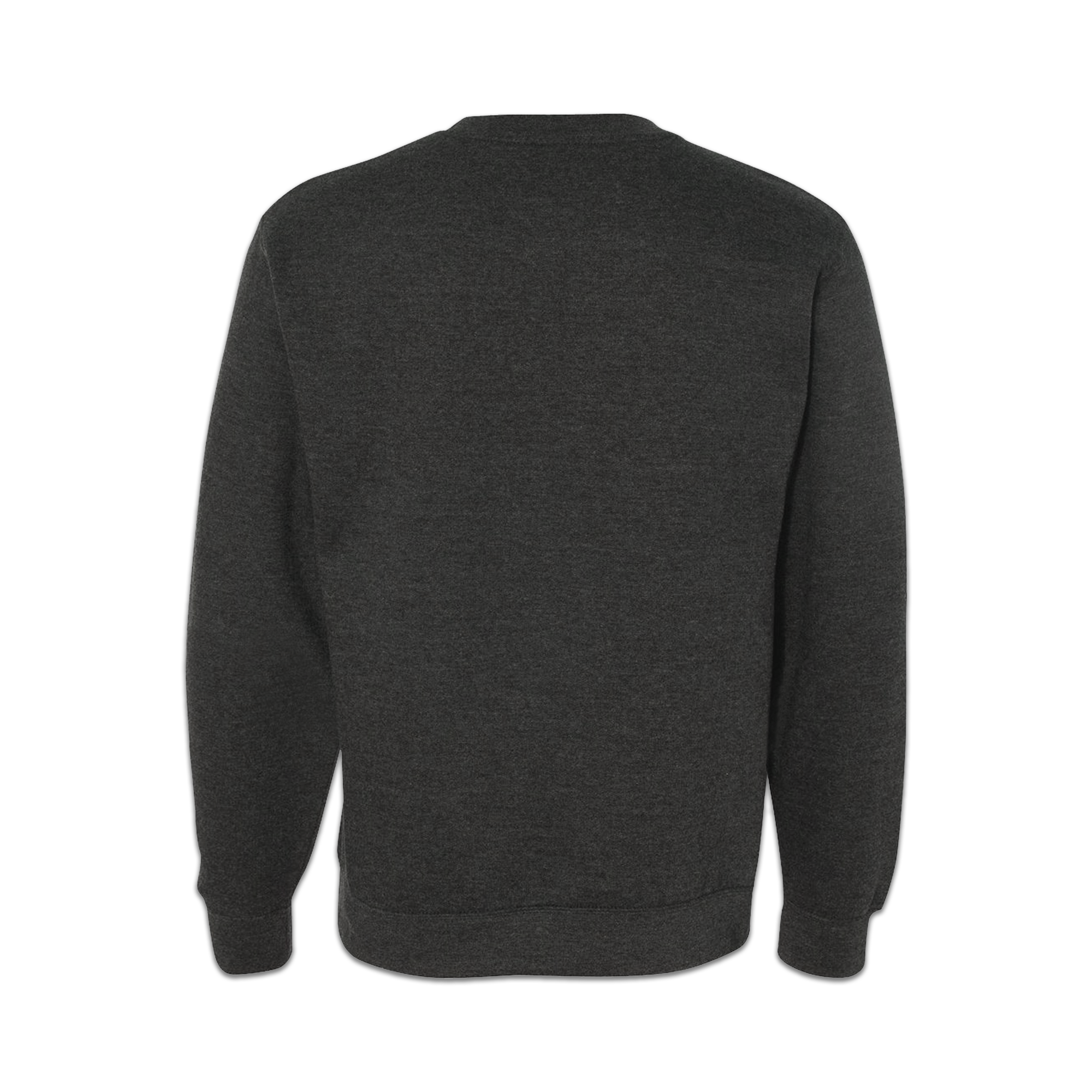 The back of a dark grey crewneck sweatshirt.  