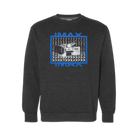 The front of a dark grey crewneck sweatshirt with an IMAX film camera, IMAX written in high-density blue ink, and Filmed For IMAX written vertically and repeatedly within a high-density blue ink square. 