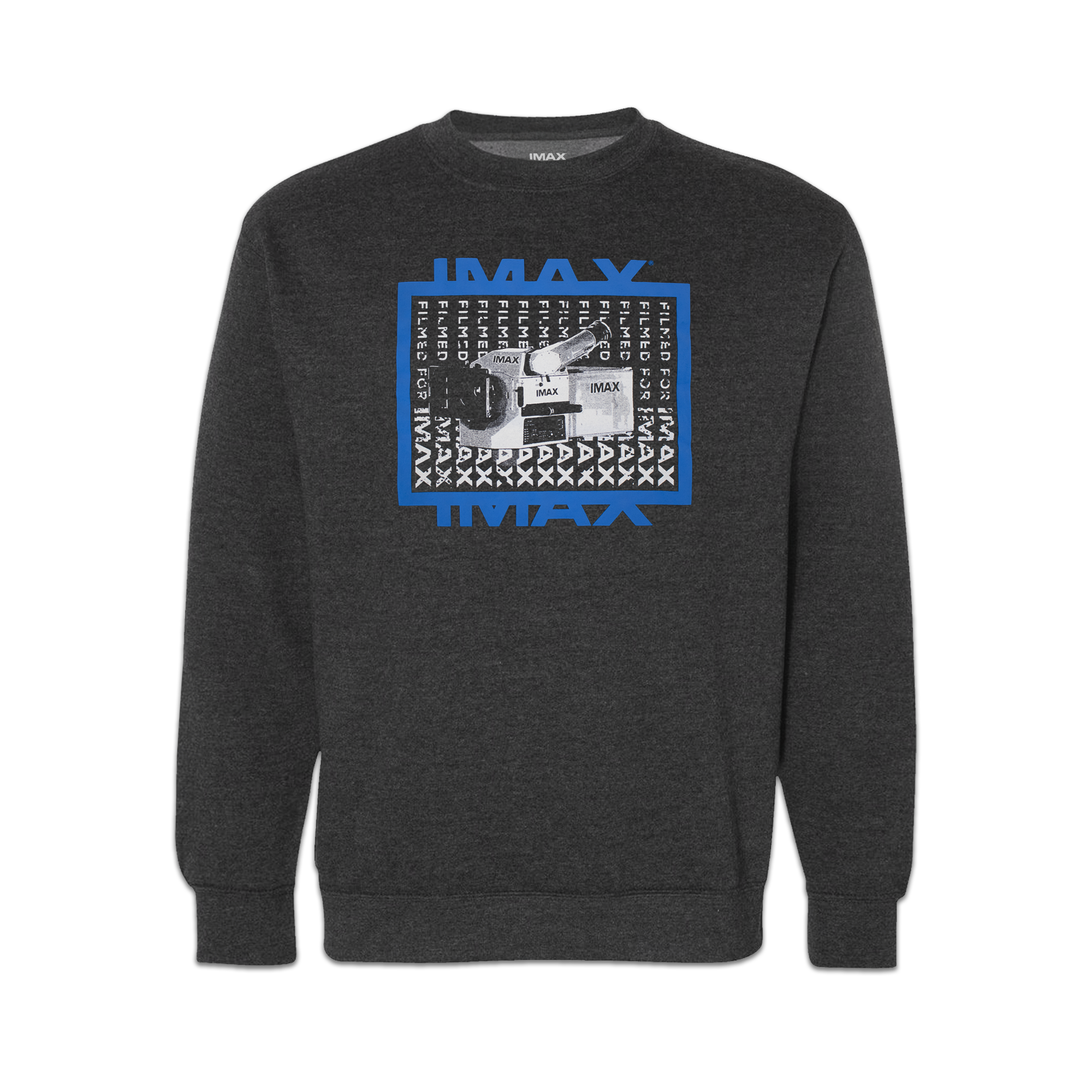 The front of a dark grey crewneck sweatshirt with an IMAX film camera, IMAX written in high-density blue ink, and Filmed For IMAX written vertically and repeatedly within a high-density blue ink square. 