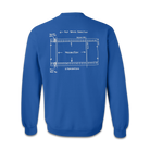 The back of a blue crewneck sweatshirt depicting a line art design of an IMAX 70mm filmstrip.
