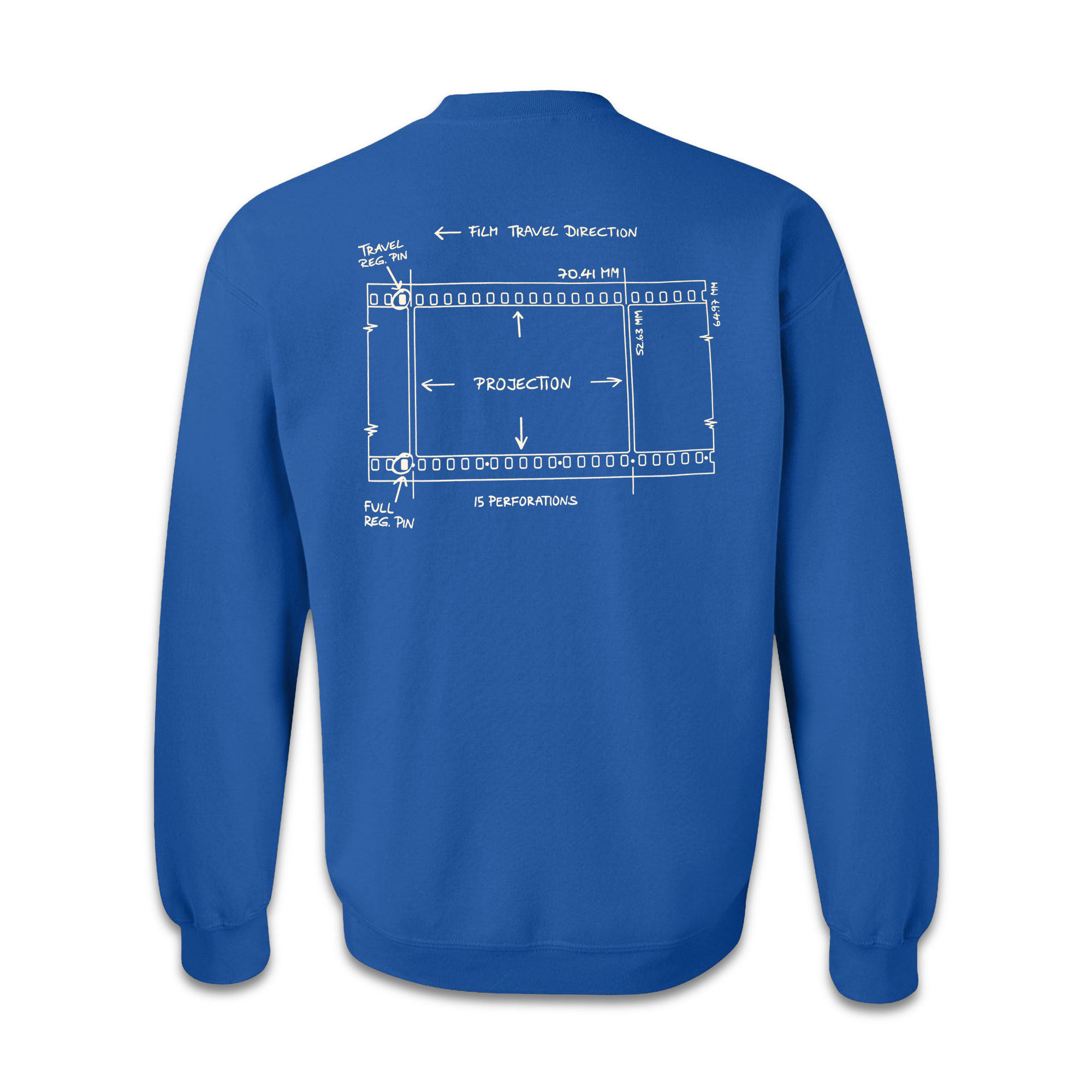 The back of a blue crewneck sweatshirt depicting a line art design of an IMAX 70mm filmstrip.