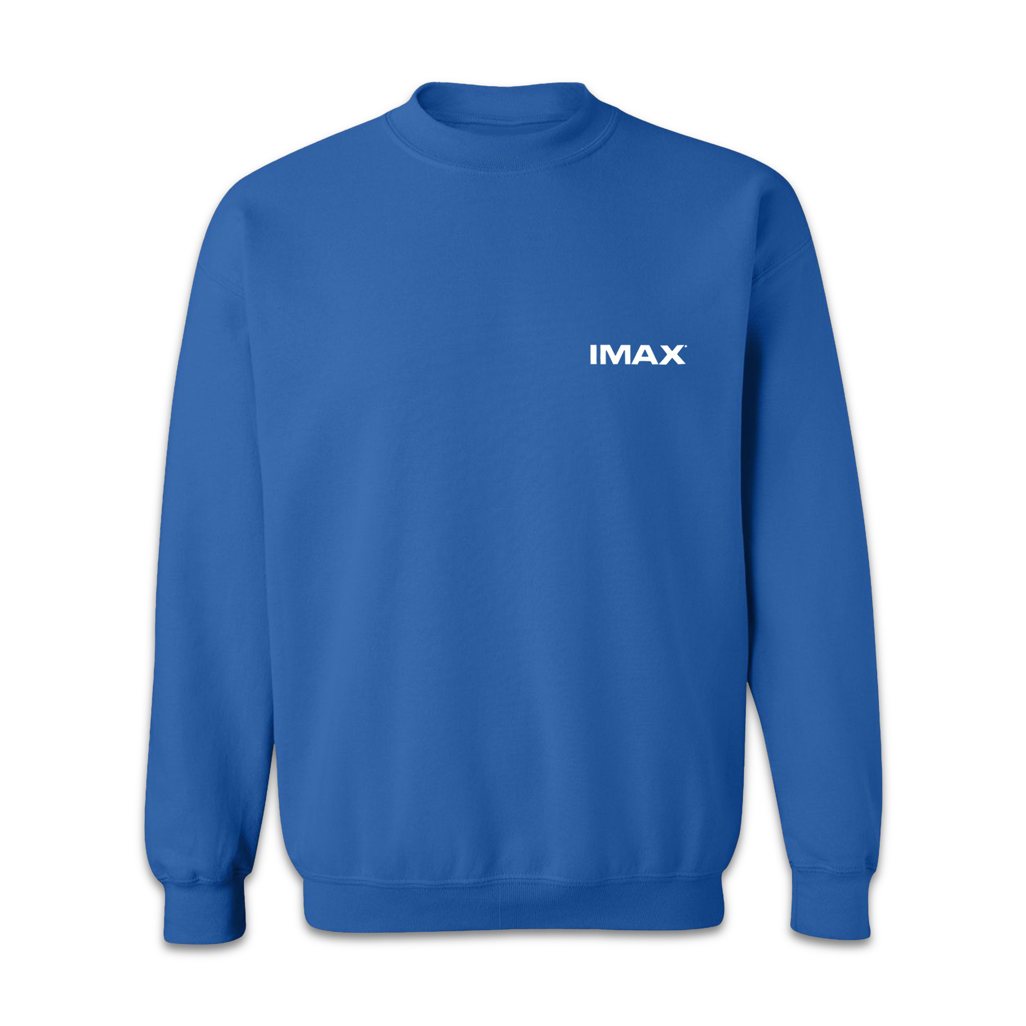 The front of a blue crewneck sweatshirt with a white IMAX logo.