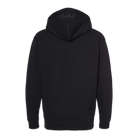 The back of a black zip-up hoodie with IMAX written in black ink on the hood.
