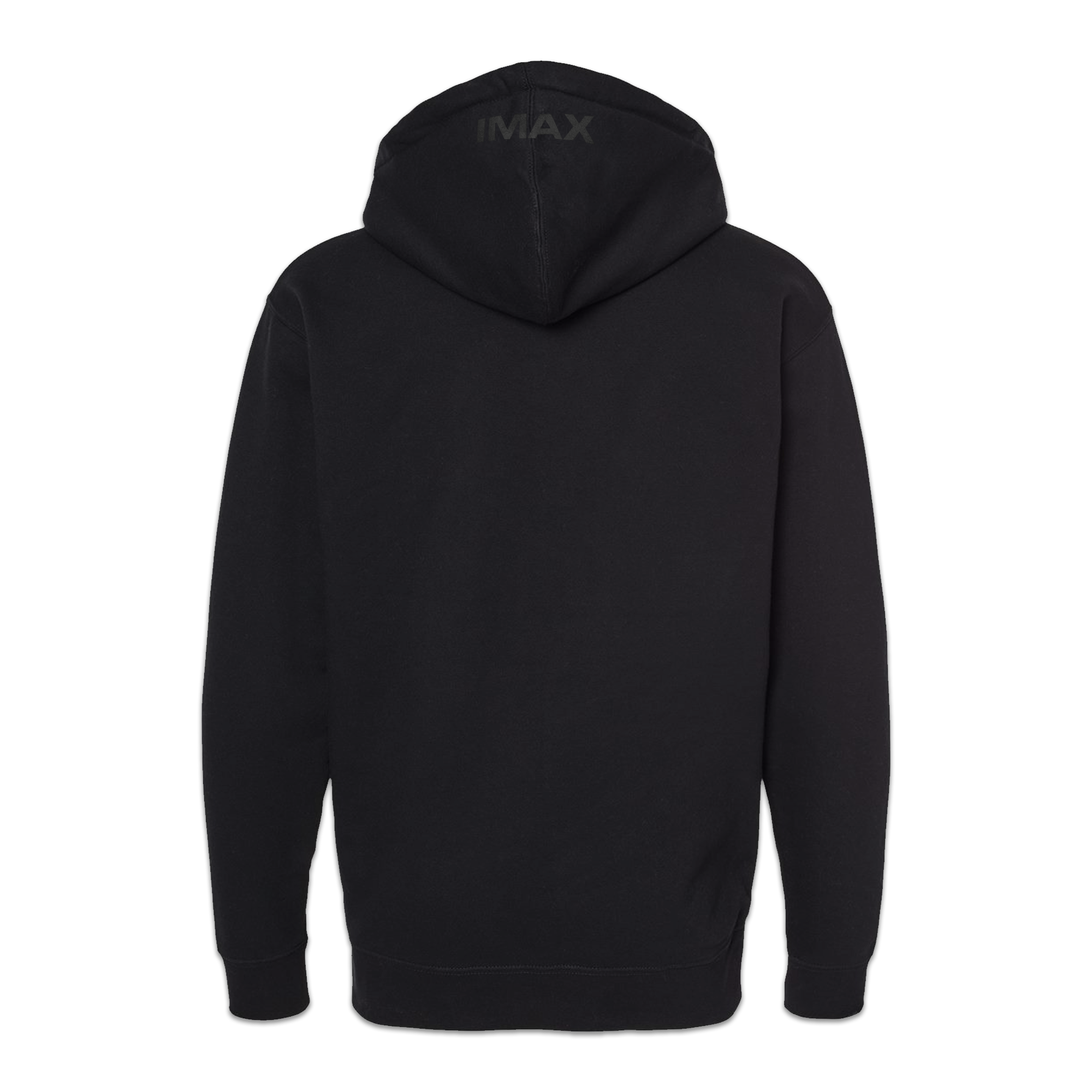 The back of a black zip-up hoodie with IMAX written in black ink on the hood.