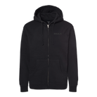 The front of a black zip-up hoodie with IMAX written in black ink on the chest.  