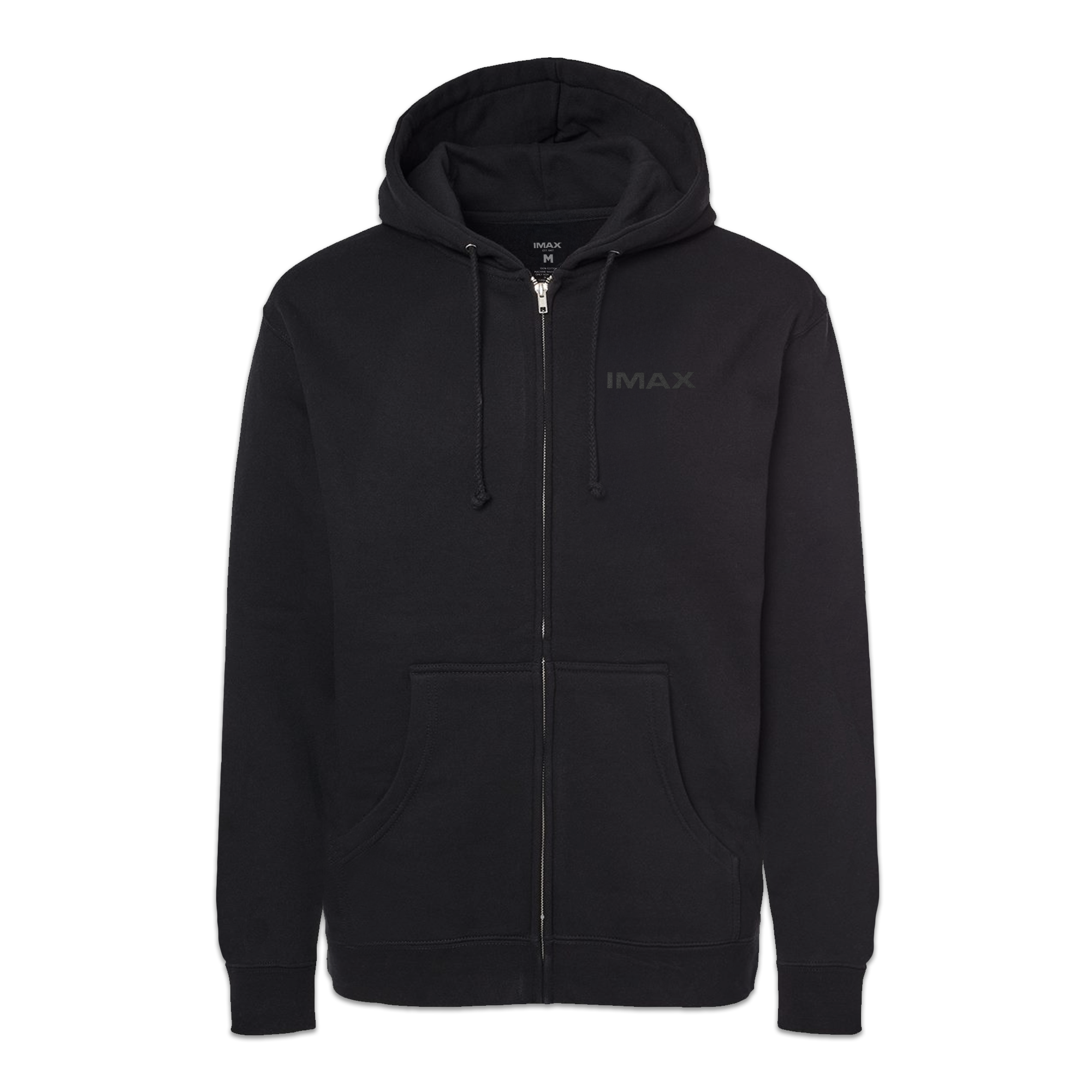 The front of a black zip-up hoodie with IMAX written in black ink on the chest.  