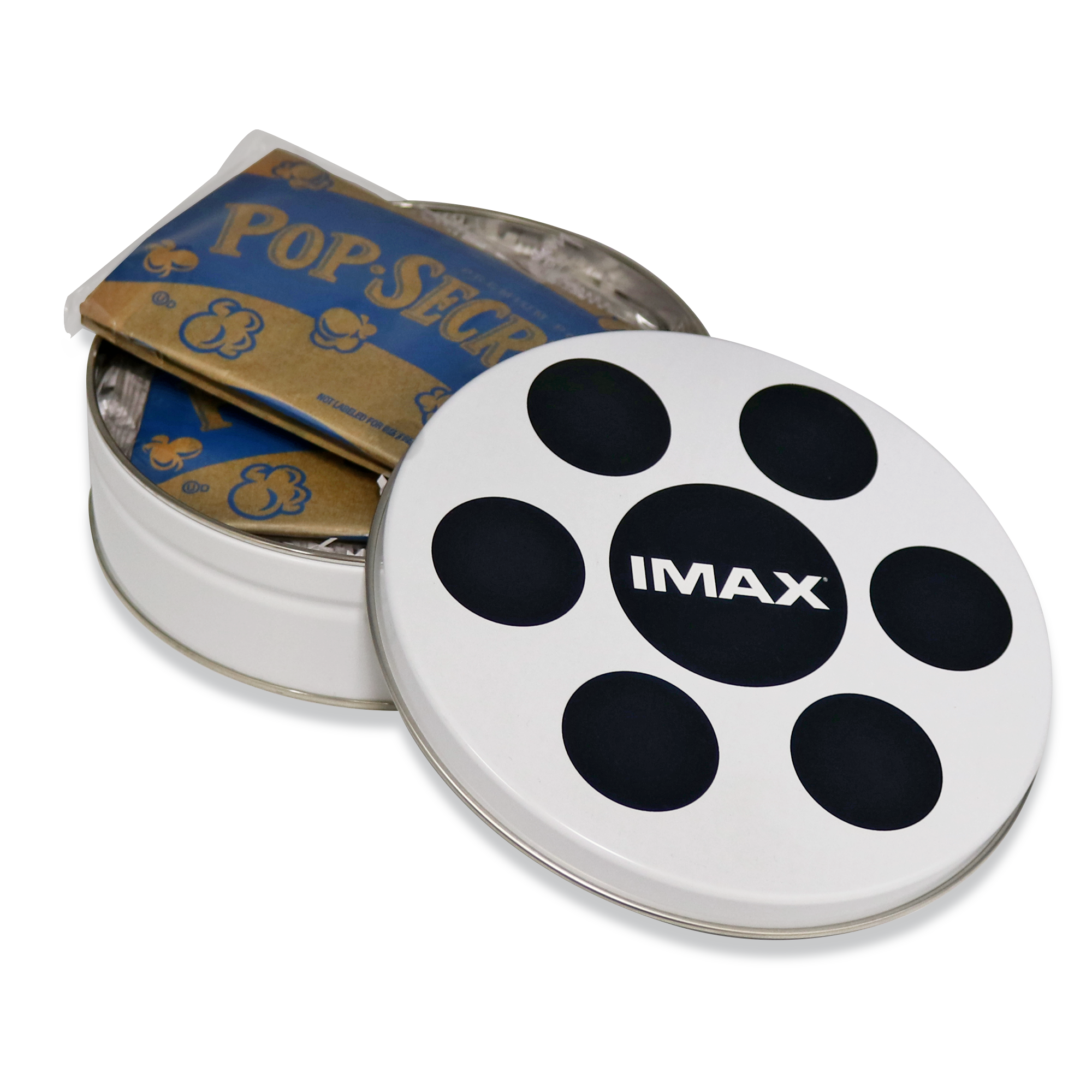A white popcorn canister designed to resemble a film reel with an IMAX logo on the lid, with two unpopped bags of popcorn inside.