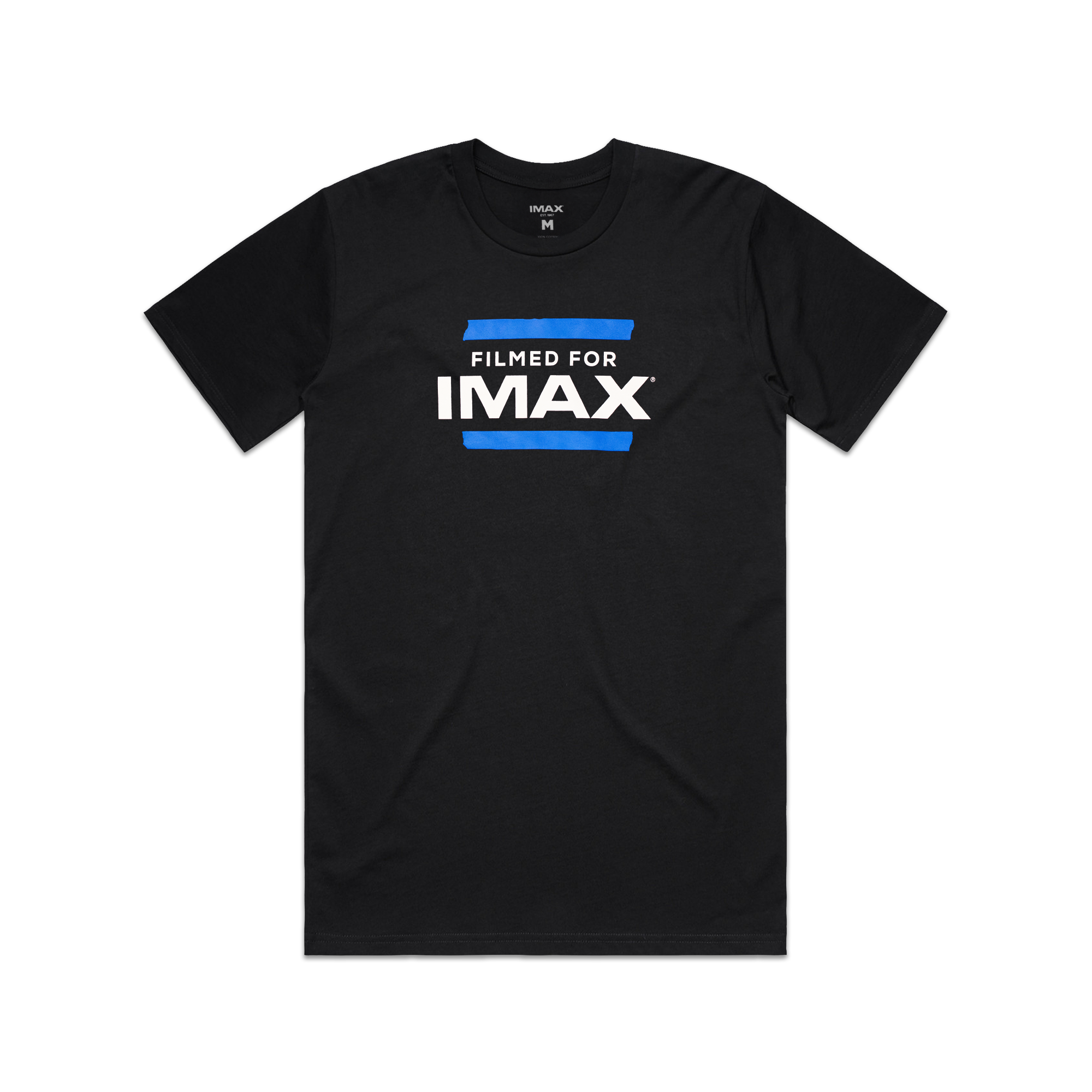 The front of a black T-shirt with Filmed For IMAX print in white with two high-density blue lines mimicking the look of blue tape used on our IMAX cameras. 