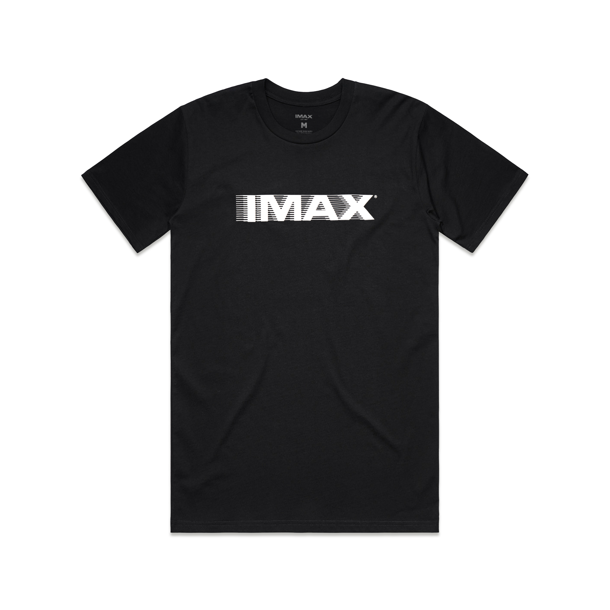 A black T-shirt with a large white IMAX artwork mimicking a “tracking shot” in front. 