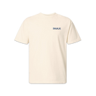 Cream short sleeve T-shirt featuring a small blue IMAX outline logo printed on the left chest with a classic crewneck fit