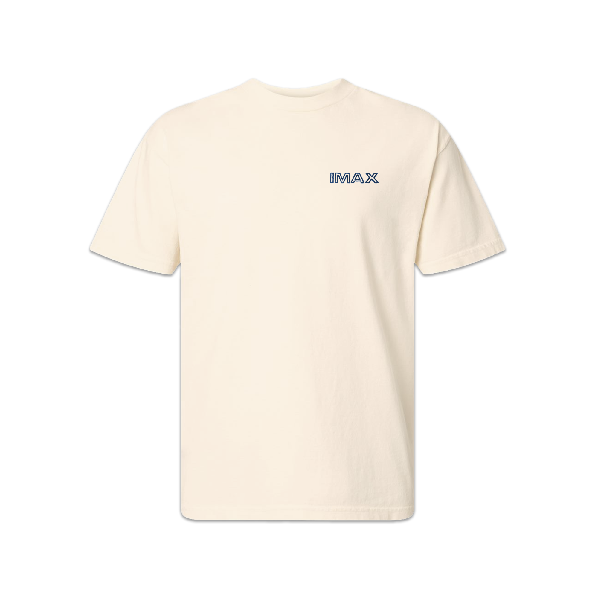 Cream short sleeve T-shirt featuring a small blue IMAX outline logo printed on the left chest with a classic crewneck fit