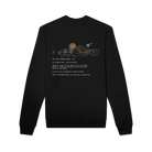 The back of a black crewneck sweatshirt featuring desert imagery and select text from the Dune: Part Two screenplay.