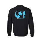 A black crewneck sweatshirt shown from the back, featuring a large blue and white graphic print of a stylized face inside a circular emblem, with 'IMAX' and Japanese text below.