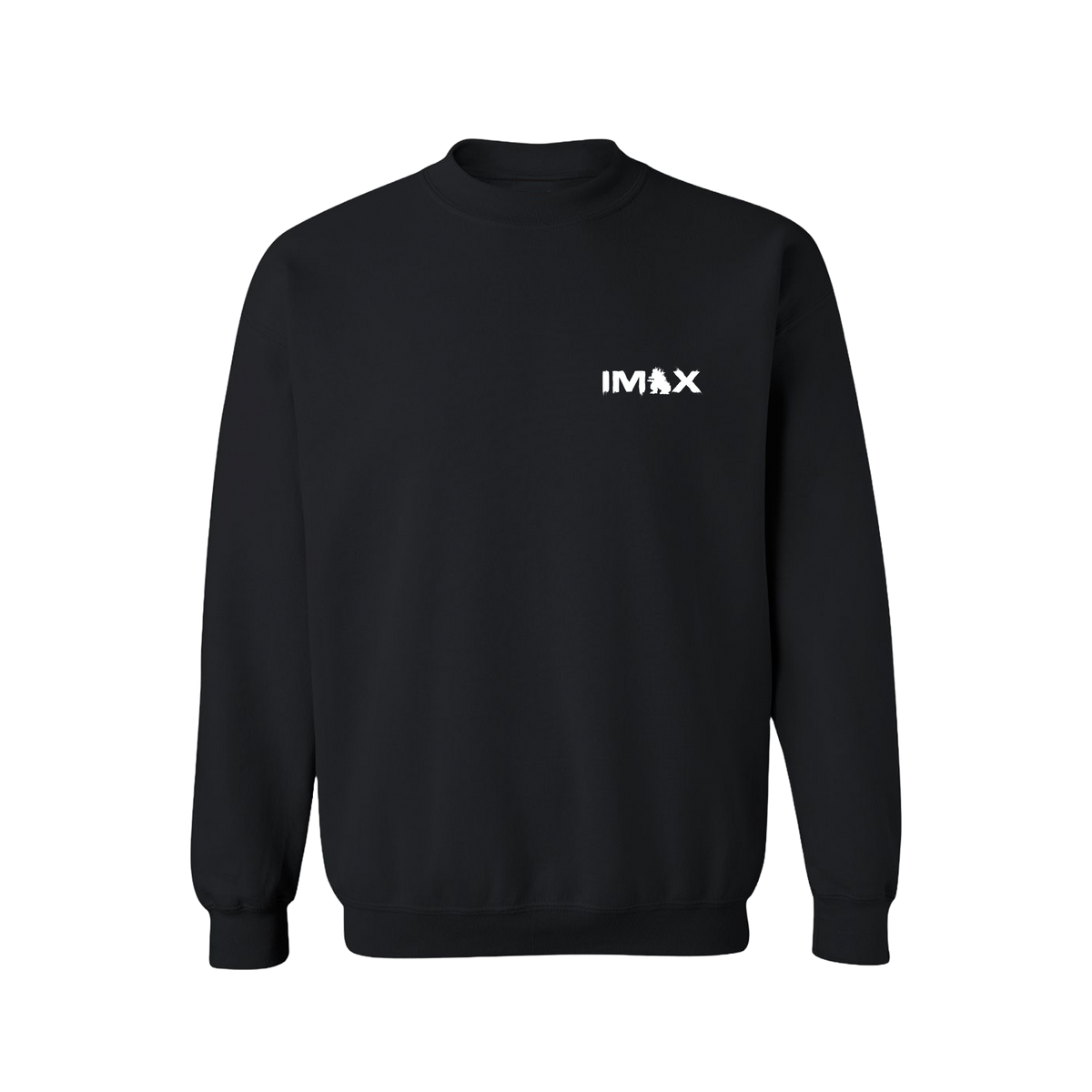 A black crewneck sweatshirt with a small white 'IMAX' logo printed on the left chest, displayed on a clean white background.