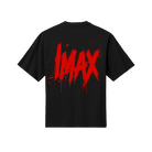Black IMAX-branded short-sleeve T-shirt featuring the IMAX logo on the front and a slasher-style IMAX logo graphic across the back.