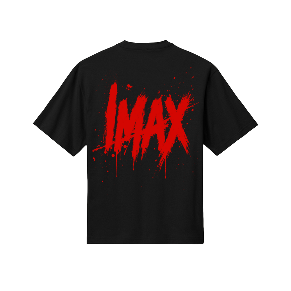 Black IMAX-branded short-sleeve T-shirt featuring the IMAX logo on the front and a slasher-style IMAX logo graphic across the back.