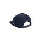 The back of a dark blue corduroy hat with snapback closure.