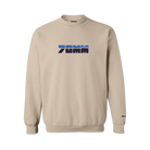 A tan crewneck sweatshirt with a black and blue retro-themed 70mm logo on the front and the IMAX logo on the sleeve.