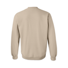 The back of a tan crewneck sweatshirt. 