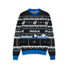 A festive black and blue holiday sweater featuring various camera-related logos and IMAX logo with 3 pockets on the front. 
