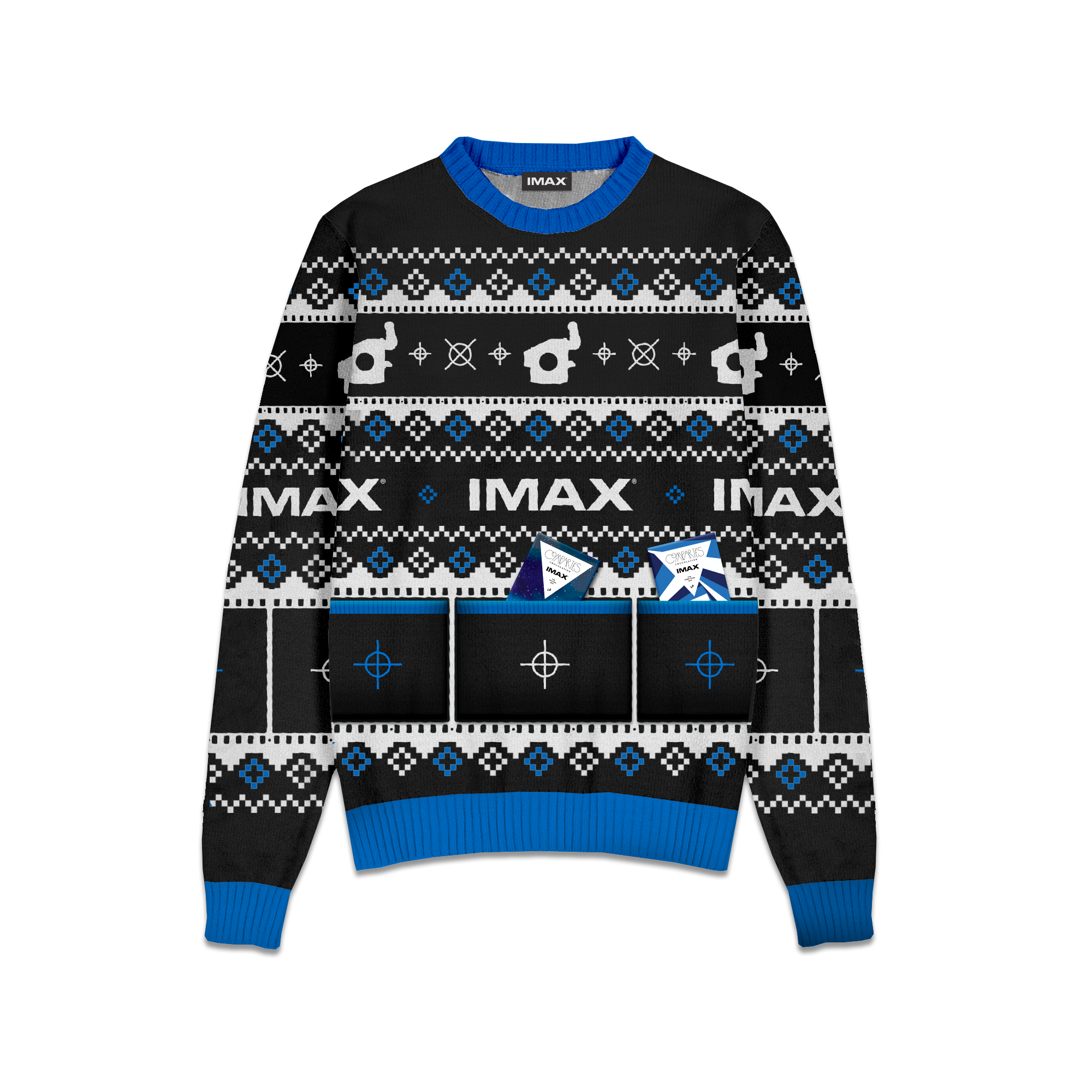 A festive black and blue holiday sweater featuring various camera-related logos and IMAX logo with 3 pockets on the front. 