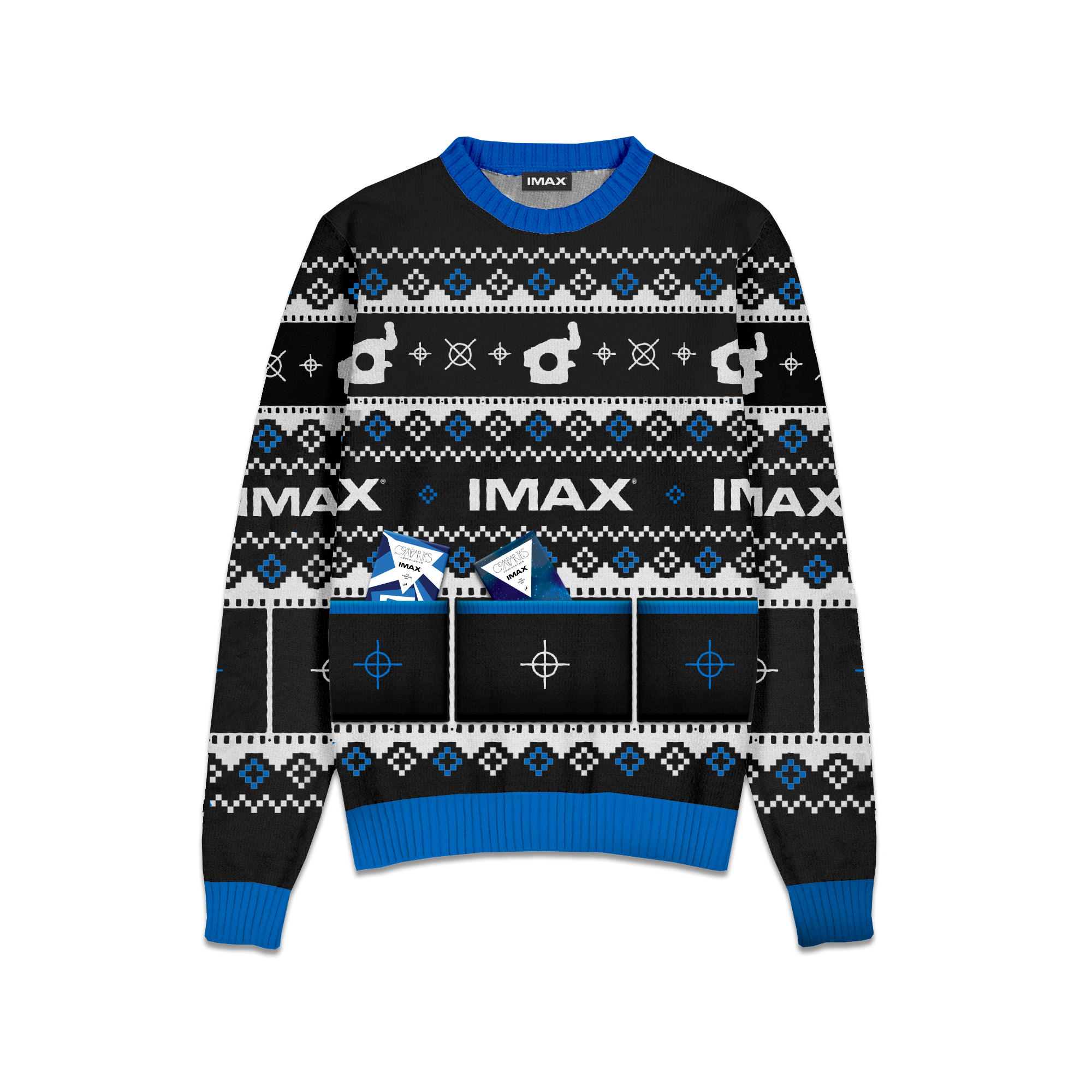 A festive black and blue holiday sweater featuring various camera-related logos and IMAX logo with 3 pockets on the front. 