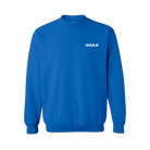 The front of a blue crewneck sweatshirt with a white IMAX logo.
