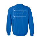 The back of a blue crewneck sweatshirt depicting a line art design of an IMAX 70mm filmstrip.