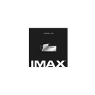 A silver pin in the shape of an IMAX film camera on a black, IMAX-branded backing card.