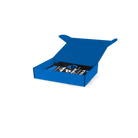 A blue gift box featuring the IMAX logo, containing a pair of holiday-themed socks featuring various camera-related logos and IMAX logo, a pair of IMAX-branded socks featuring a symbol of an IMAX film camera, a small black box containing three silver enamel pins: one shaped like a director’s chair, one like an IMAX camera, and one like a clapper board; and an IMAX ‘Nothing’ Bar chocolate bar from the Compartés x IMAX collection.