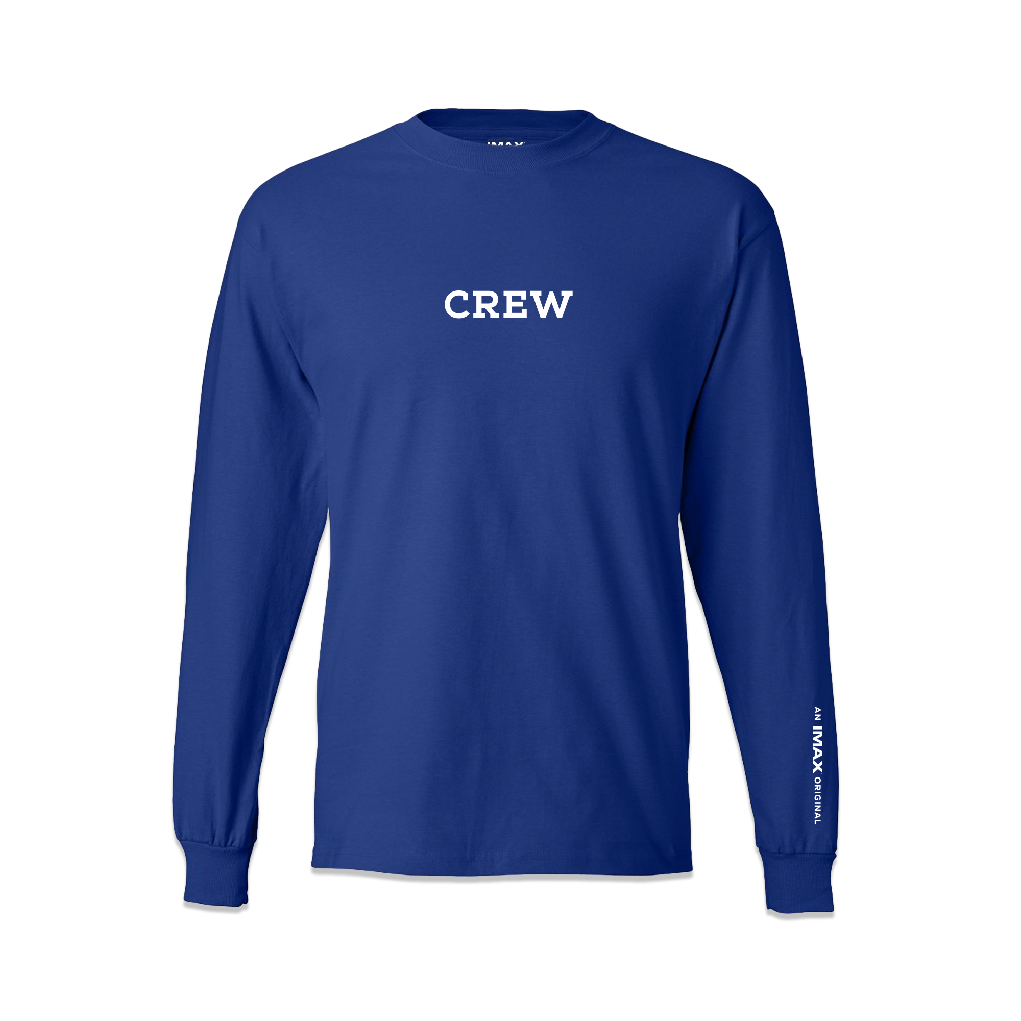 The front of a blue, long sleeve T-shirt with Crew written in white letters.