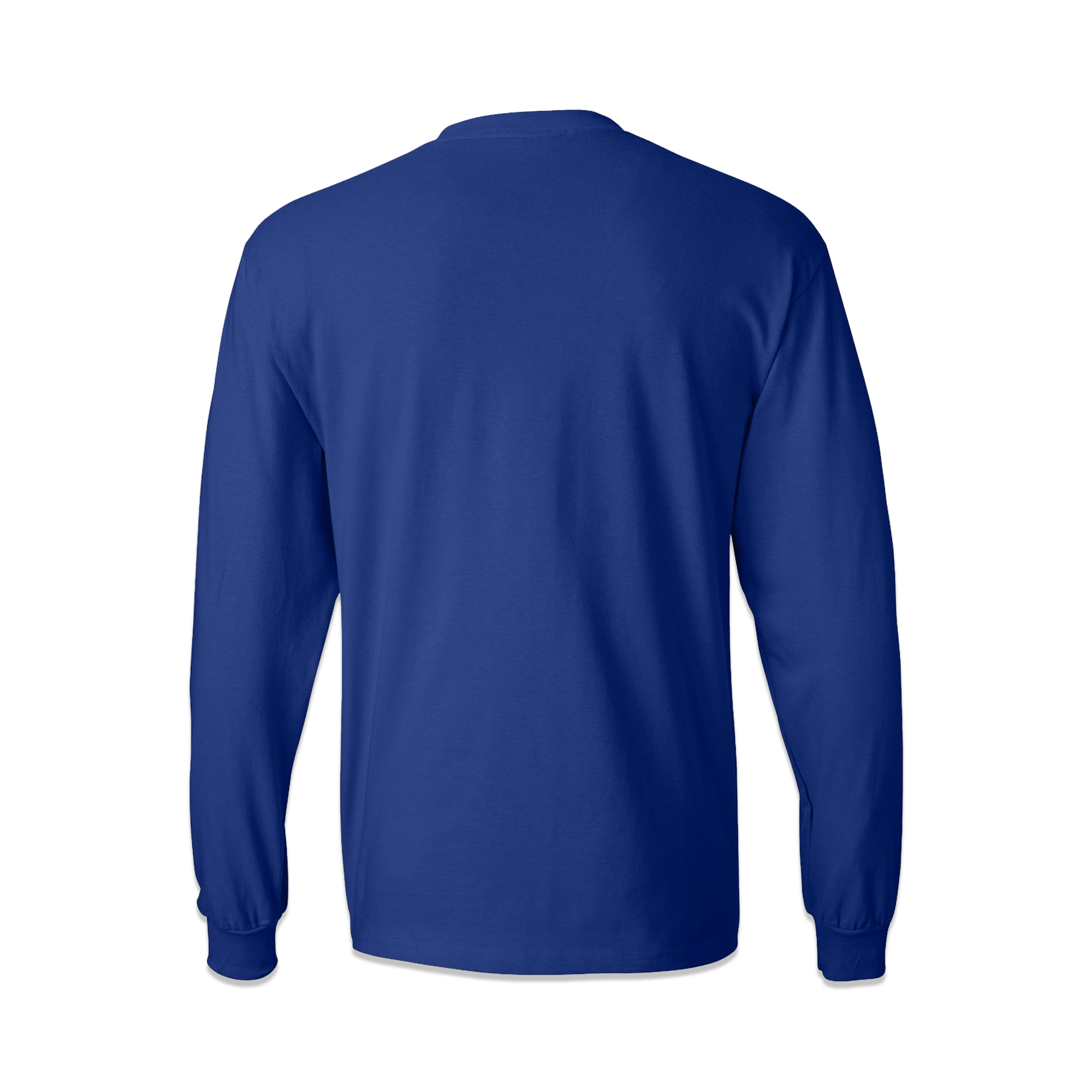 The back of a blue long sleeve T-shirt. 