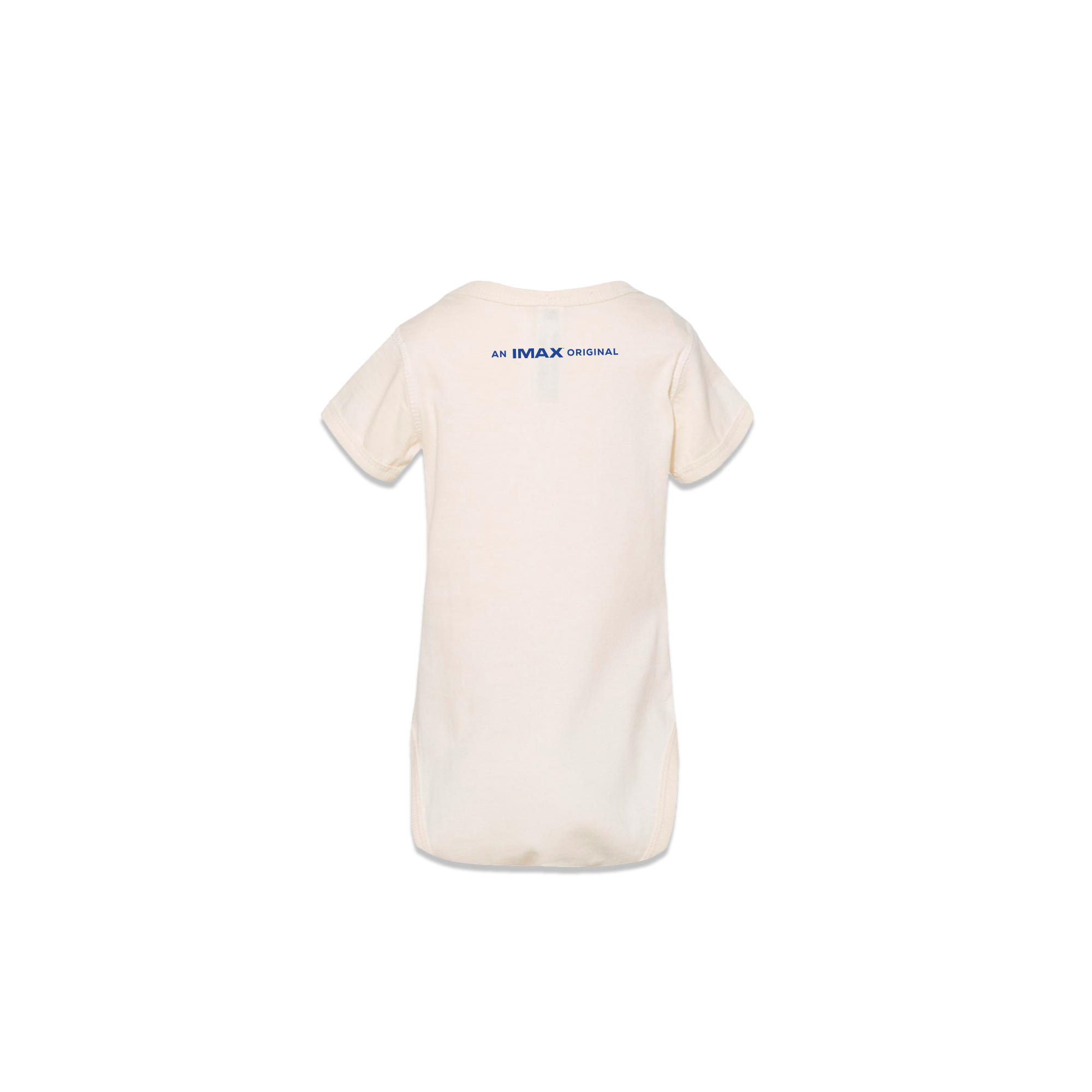 The back of a baby onesie in white with An IMAX Original written in blue letters toward the top.